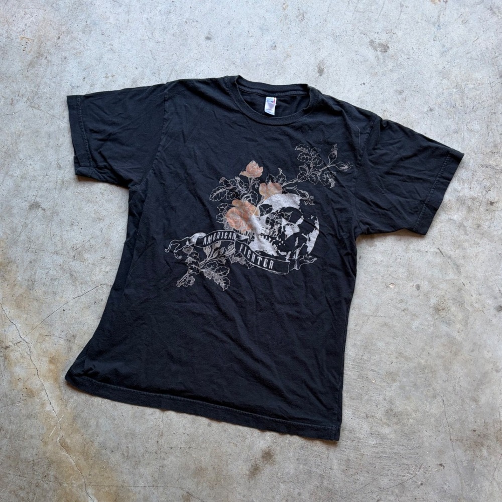 American Fighter Mens Black Skull Floral Graphic T-Shirt Medium‎ Anvil MMA Style